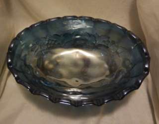 Blue Carnival Glass Indiana Harvest Grapes Large Footed Oval Scalloped 