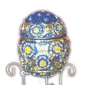  Royal Blue Faberge Ornate Jeweled Egg Box with Hinged Lid 