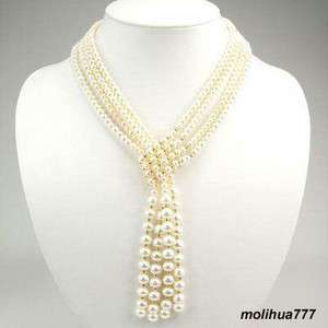 stunning 4 rows white pearl wide tie necklace  