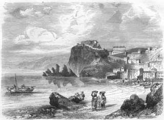 Caption below picture The Rock and Town of Scylla, Coast of Sicily
