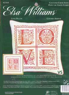 JCA Elsa Williams Counted Cross Stitch kit 14 x 14 ~ LOVE PILLOW 
