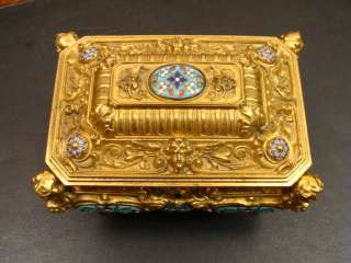 ANTIQUE BRASS ORNATE JEWELRY BOX ENAMEL GOLD PRE.1900  
