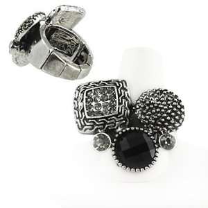  Abstract Silvertone and Black Crystal Stretch Fashion Ring 