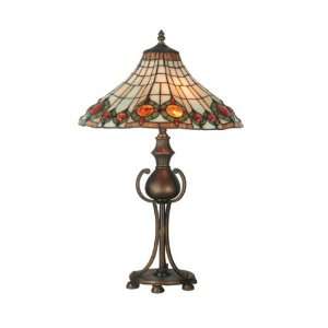   Jewel Table Lamp, Antique Bronze and Art Glass Shade
