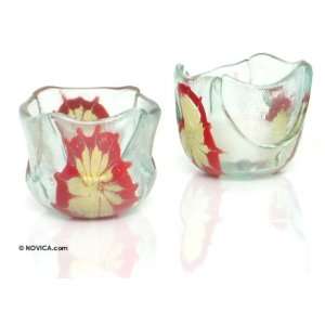  Art glass candleholders, Red Love Blossoms (pair)