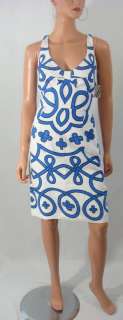 Milly Grecian Braid Print Sheath Linen Dress $310 2 blue & white 