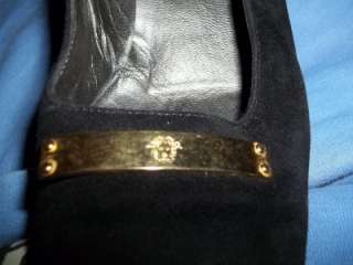 VERSACE Black Suede Pumps + Gold Medusa Logo Plate 37 7  