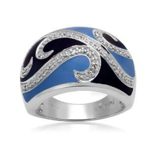   Blue Enamel Diamond Ring (1/6 cttw, I J Color, I2 I3 Clarity), Size 5