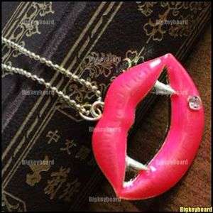 Retro Vintage Red Lips KISS ME Vampire Fangs Flames Pendant Necklace 