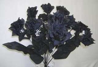 12 BLACK Silk Long Stems Open Rose Wedding Bouquets  