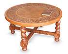   FLORAL Peru HAND CRAFTED Wood & EMBOSSED LEATHER Round COFFEE TABLE