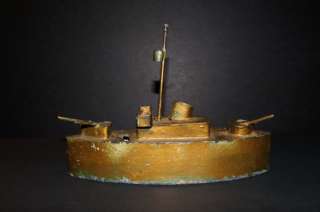 Old Antique c 1900 Hand Made Tin Naval Battleship Toy Bank Folk Art 