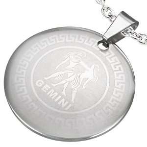   Stainless Steel Greek Key Gemini Zodiac Sign Circle Pendant Jewelry