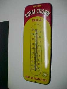 VINTAGE 1940s 50s ROYAL CROWN COLA TIN LITHOGRAPH THERMOMETER/SIGN 