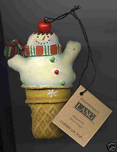 Cherry On Top Ice Cream Snowman In Cone Ornament  