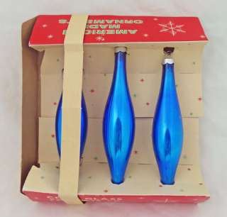Vintage Long Blue Teardrop Glass Christmas Tree Ornaments USA  