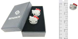 Cute Large Silver Hello Kitty Stud Earrings Red Bow with Swarovski 