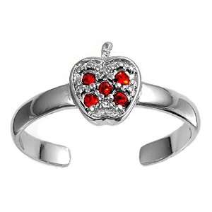   Silver Fashion Toe Ring   Apple with Ruby CZ   2mm Band Width Jewelry