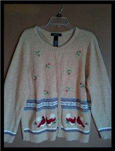 Ugly Christmas Sweater Berries and Cardinals Cardigan Tan SZ XL  