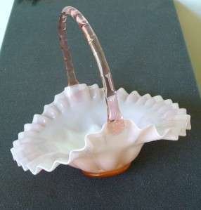 Fenton large art glass basket with handle and ruffled rim   pink 