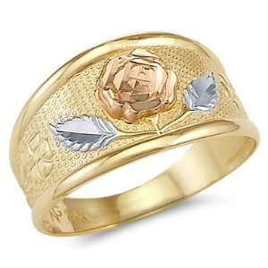   13   14k Yellow Tri Color Gold Ladies Rose Flower Leaf Ring Jewelry