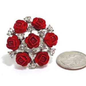 Silver Tone Red Rose Floral Stretch Ring with Faux Pearl and Diamond 