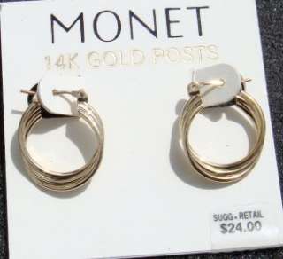 Vintage Signed MONET Goldtone Hoop Pierced Earrings  