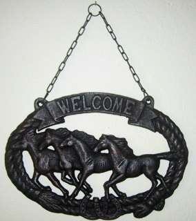 Western Cast Iron Hanging Welcome Sign Running Horses 12 x 8.5 