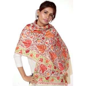  Ivory Jamdani Stole from Kashmir with Embroidered Chinar 