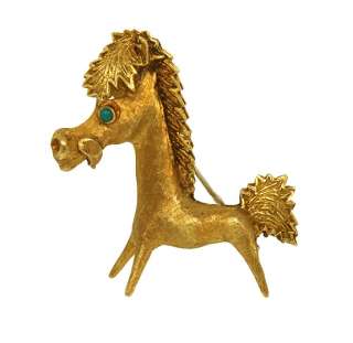 EXQUISITE 18K & TURQUOISE 3D PLAYFUL HORSE PIN BROOCH  