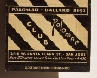 1950s Matchbook Club Palomar Tom Whehner San Jose CA MB  