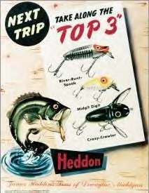 Heddon Fishing Tackle Fish Top 3 Nostalgic Tin Sign USA  