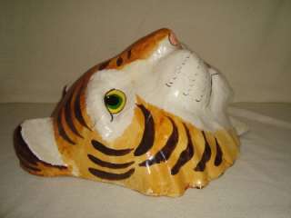 3D Tiger Head Mask. Made of paper mache, has wall hook on back. Hand 