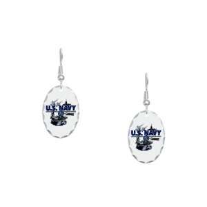 com Earring Oval Charm US Navy with Aircraft Carrier Planes Submarine 