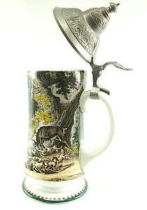   German Lidded Beer Stein Colorful Stag and Hounds Horses Hunting Scene