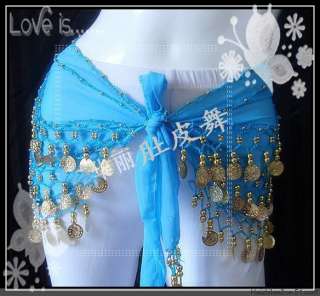 Blue Belly Dance Belt Hip Scarf Gold Coins Wrap Skirt  