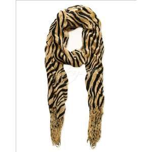   Womens Light Brown/ Black Zebra Ruffle Long Scarf Shawl Wrap Fashion