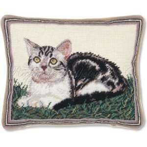  Silver Tabby Cat Needlepoint Pillow