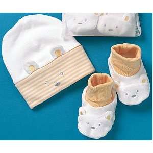   Baby Boy or Girl, Cap and Sock Set, White and Yellow Teddy Bear Baby