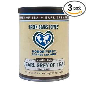 Green Beans Coffee Decaf Earl Grey Black Tea, 20 Count Tea Bags (Pack 