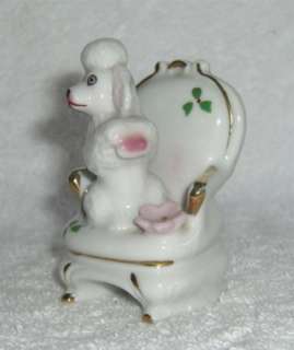 Vintage White Spaghetti Poodle Dog Sitting on Chair Pink Green  