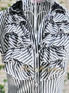 Black Stripe Designer Lady Ruffle Collar Sleeve Shirts  