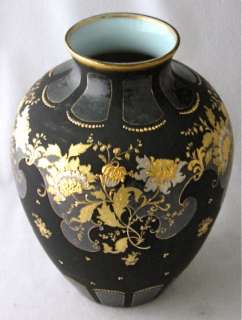 Gold and silver dec. black white opaue art glass vase  