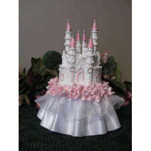 White with Pink and Silver Accents Castle Cake Topper with Pink 