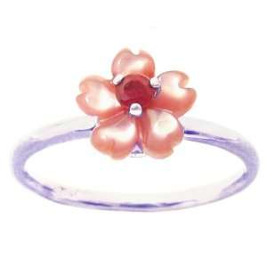 14K White Gold Pink Mother of Pearl Exotic Blossom Stackable Ring 