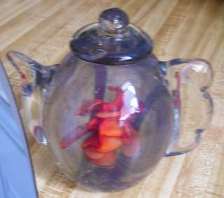 Very Nice Blown Glass Tea Pot Orange Flower Paperweight  