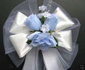 LIGHT BLUE / WHITE satin wedding pew bows decorations  
