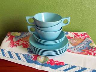 Vintage Aqua Turquoise Blue Melmac / Melamine Plastic Cups Bowls 