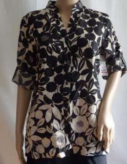Charter Club Black/White Floral Roll Tab LINEN Button up Blouse Sz 6 