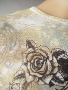 BURNOUT Embellished Rose Wing Winged Gun Tattoo Print Long Slv Tee Top 